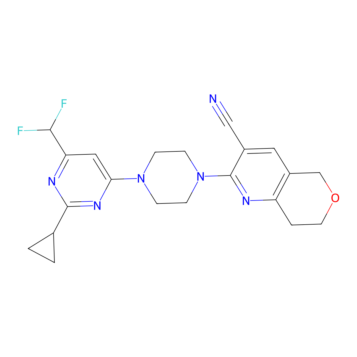 2-{4-[2-cyclopropyl-6-(difluoromethyl)pyrimidin-4-yl]piperazin-1-yl}-5H,7H,8H-pyrano[4,3-b]pyridine-3-carbonitrile molecular structure, CAS 2640961-49-3