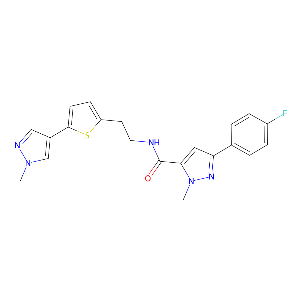 3-(4-fluorophenyl)-1-methyl-N-{2-[5-(1-methyl-1H-pyrazol-4-yl)thiophen-2-yl]ethyl}-1H-pyrazole-5-carboxamide molecular structure, CAS 2640961-52-8