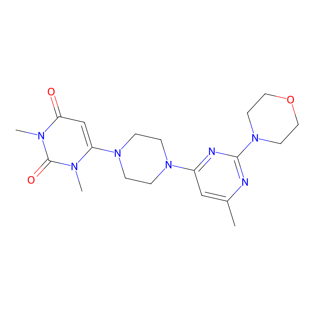 1,3-Dimethyl-6-{4-[6-methyl-2-(morpholin-4-yl)pyrimidin-4-yl]piperazin-1-yl}-1,2,3,4-tetrahydropyrimidine-2,4-dione molecular structure, CAS 2640961-57-3