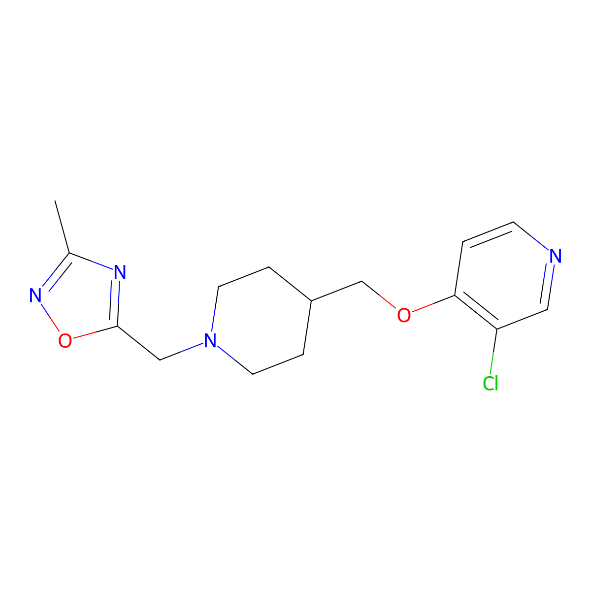 3-Chloro-4-({1-[(3-methyl-1,2,4-oxadiazol-5-yl)methyl]piperidin-4-yl}methoxy)pyridine molecular structure, CAS 2640961-74-4