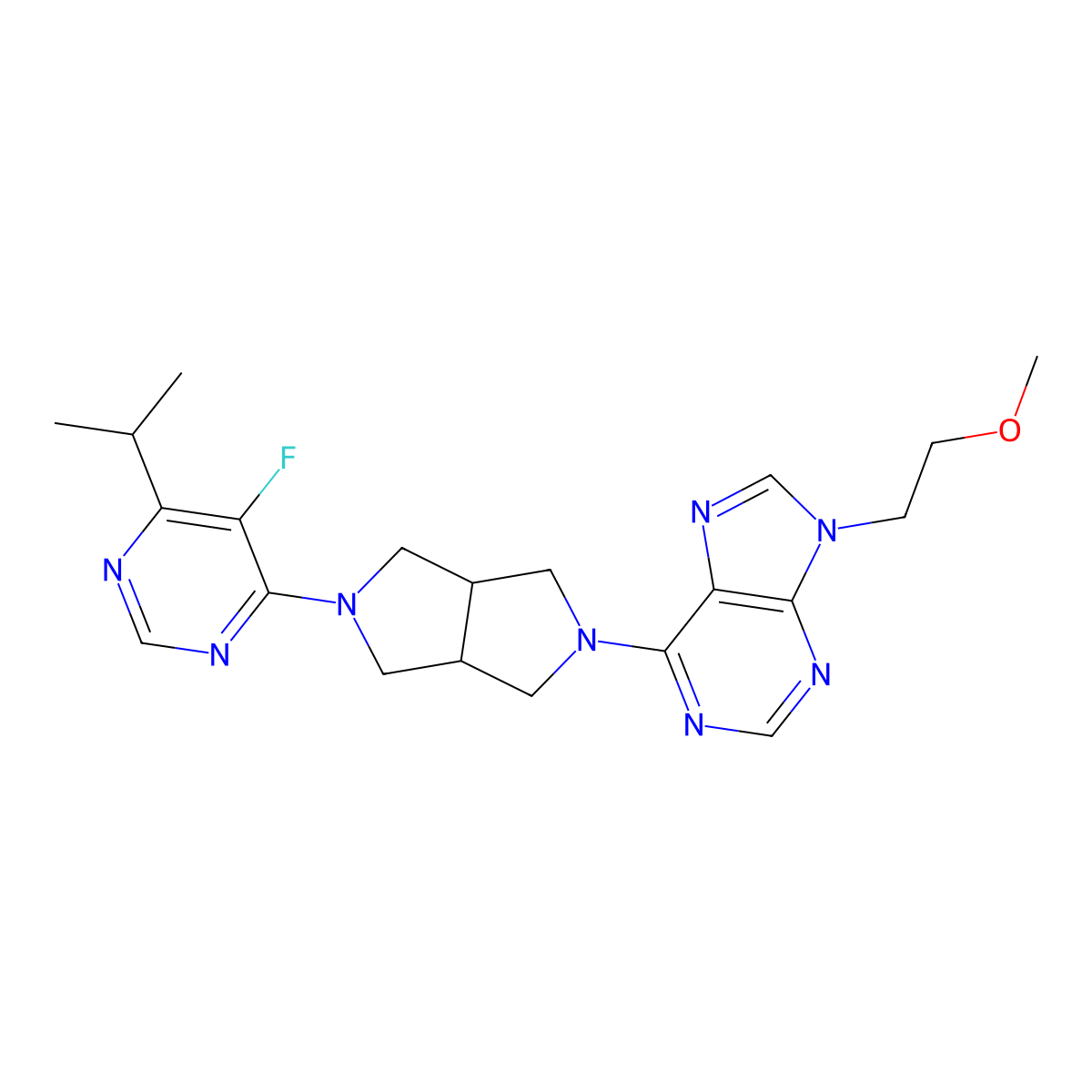 6-{5-[5-fluoro-6-(propan-2-yl)pyrimidin-4-yl]-octahydropyrrolo[3,4-c]pyrrol-2-yl}-9-(2-methoxyethyl)-9H-purine molecular structure, CAS 2640961-78-8