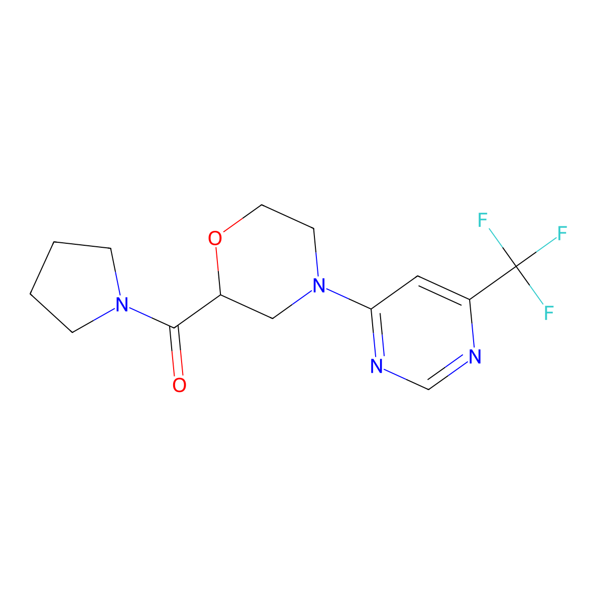 2-(Pyrrolidine-1-carbonyl)-4-[6-(trifluoromethyl)pyrimidin-4-yl]morpholine molecular structure, CAS 2640961-83-5