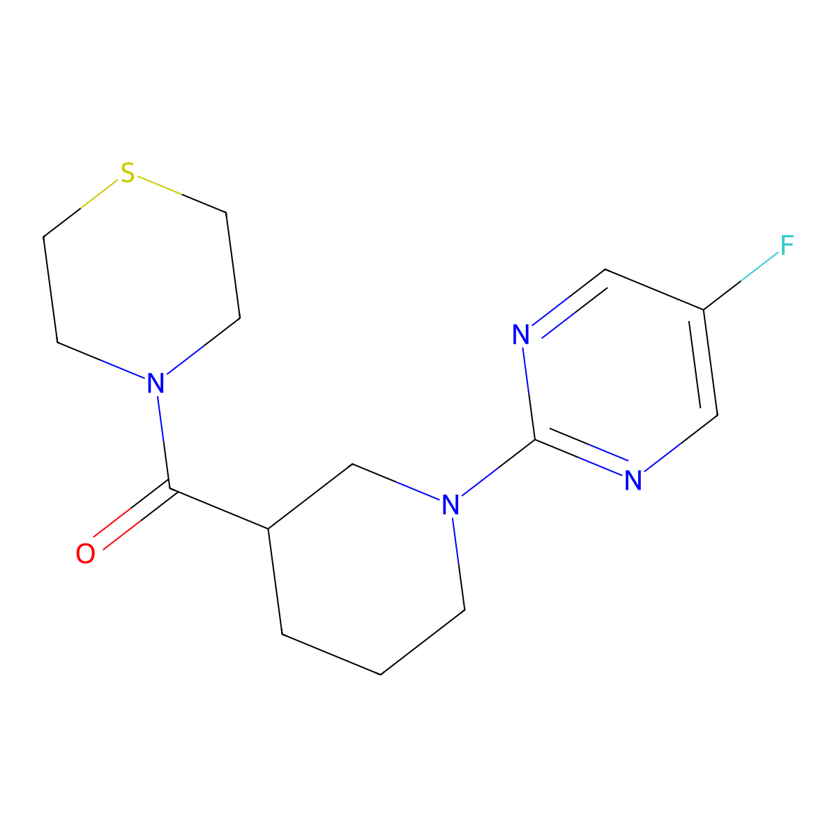 4-[1-(5-Fluoropyrimidin-2-yl)piperidine-3-carbonyl]thiomorpholine molecular structure, CAS 2640961-85-7