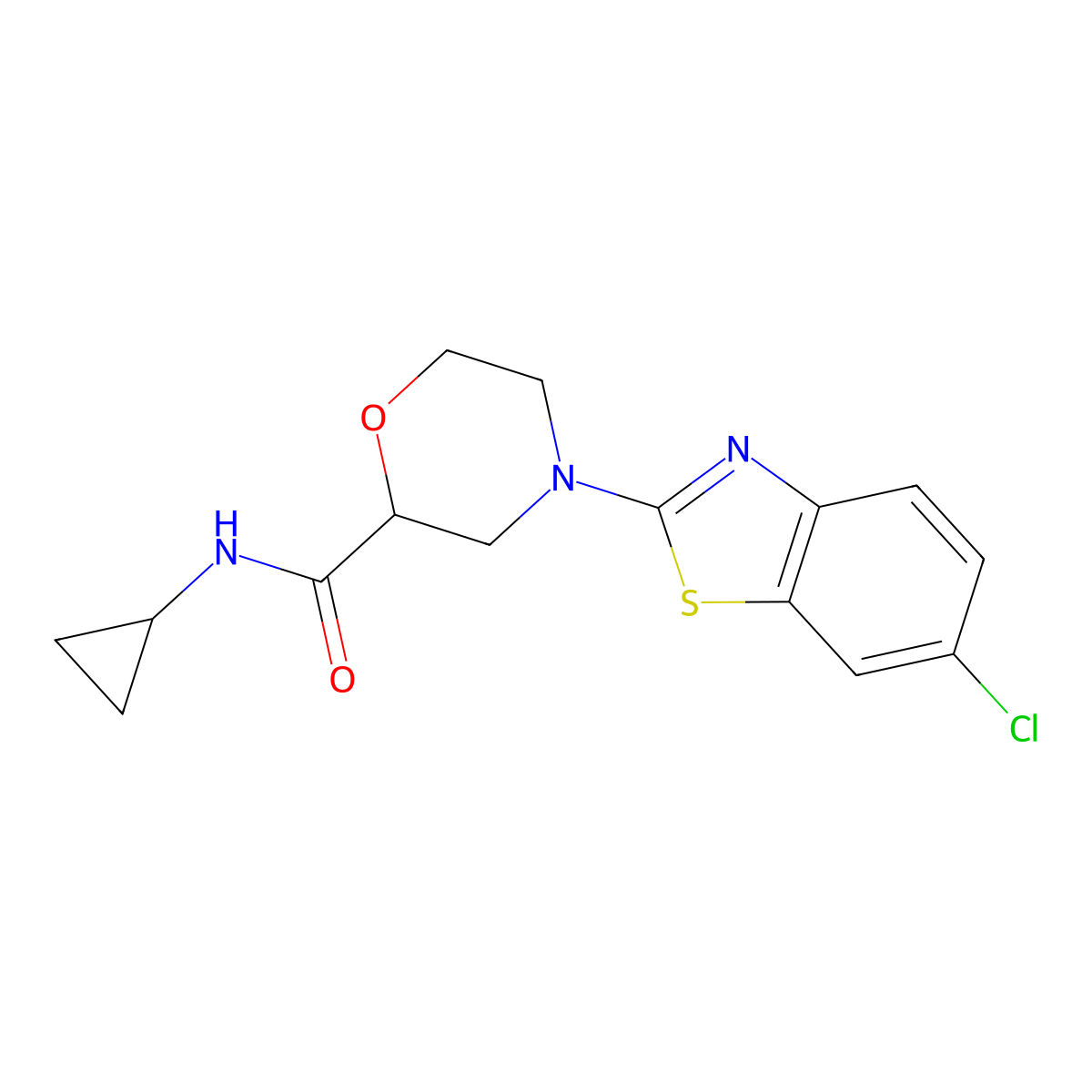 4-(6-chloro-1,3-benzothiazol-2-yl)-N-cyclopropylmorpholine-2-carboxamide molecular structure, CAS 2640961-86-8