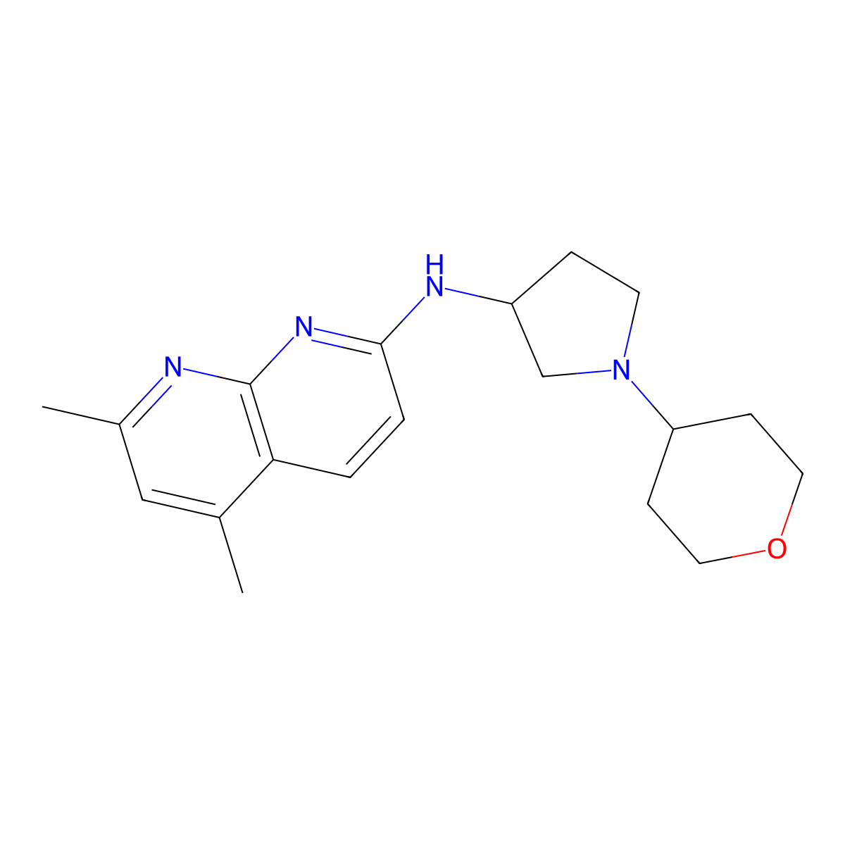 5,7-dimethyl-N-[1-(oxan-4-yl)pyrrolidin-3-yl]-1,8-naphthyridin-2-amine molecular structure, CAS 2640961-91-5