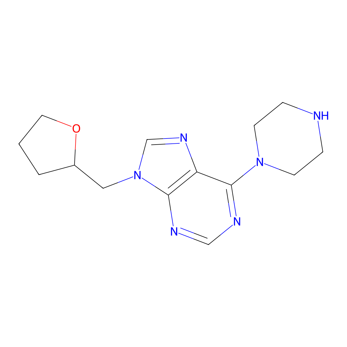 9-[(oxolan-2-yl)methyl]-6-(piperazin-1-yl)-9H-purine molecular structure, CAS 2640961-98-2