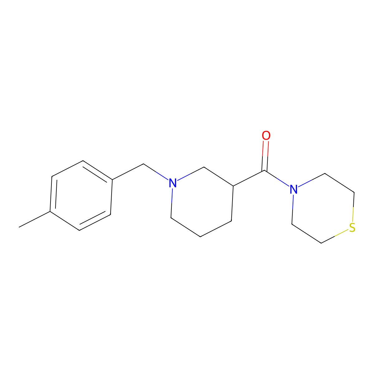 4-{1-[(4-Methylphenyl)methyl]piperidine-3-carbonyl}thiomorpholine molecular structure, CAS 2640962-09-8