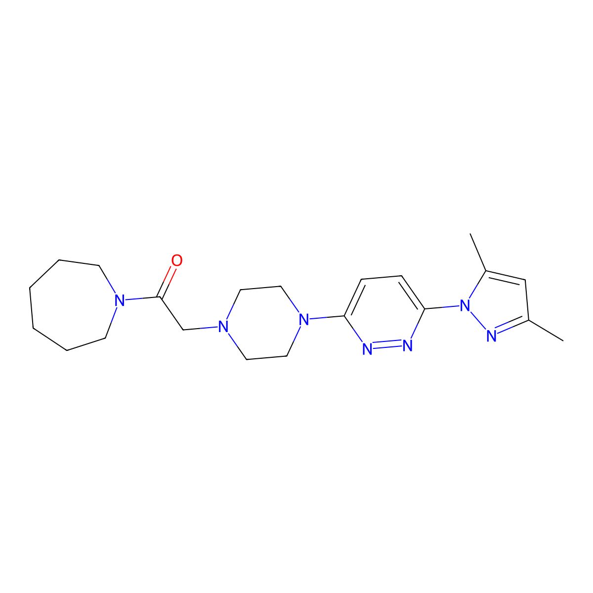 1-(azepan-1-yl)-2-{4-[6-(3,5-dimethyl-1H-pyrazol-1-yl)pyridazin-3-yl]piperazin-1-yl}ethan-1-one molecular structure, CAS 2640962-16-7