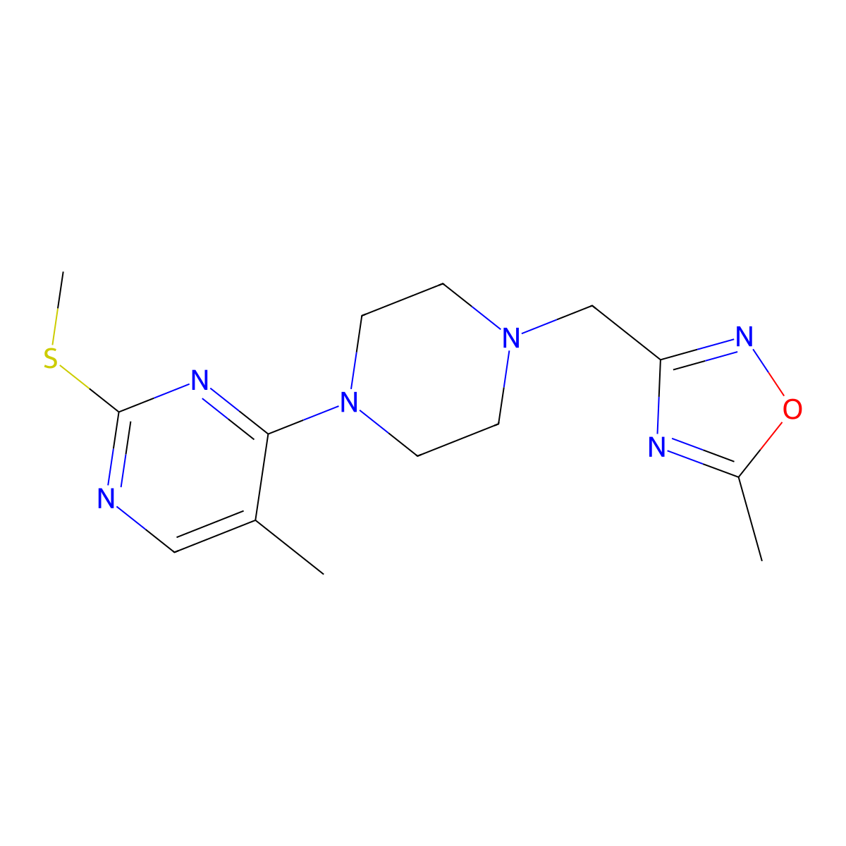 5-Methyl-4-{4-[(5-methyl-1,2,4-oxadiazol-3-yl)methyl]piperazin-1-yl}-2-(methylsulfanyl)pyrimidine molecular structure, CAS 2640962-21-4