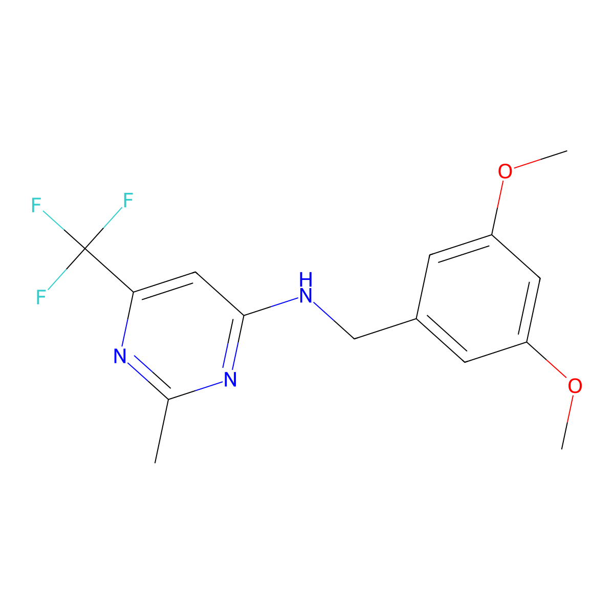 N-[(3,5-dimethoxyphenyl)methyl]-2-methyl-6-(trifluoromethyl)pyrimidin-4-amine molecular structure, CAS 2640962-30-5