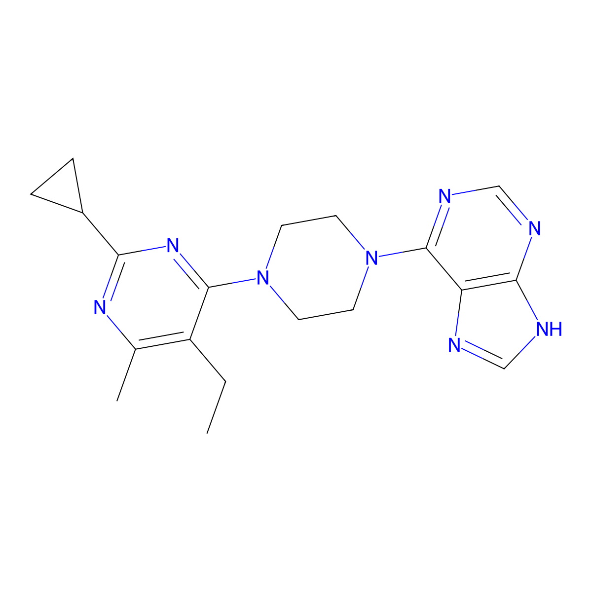 6-[4-(2-cyclopropyl-5-ethyl-6-methylpyrimidin-4-yl)piperazin-1-yl]-9H-purine molecular structure, CAS 2640962-34-9
