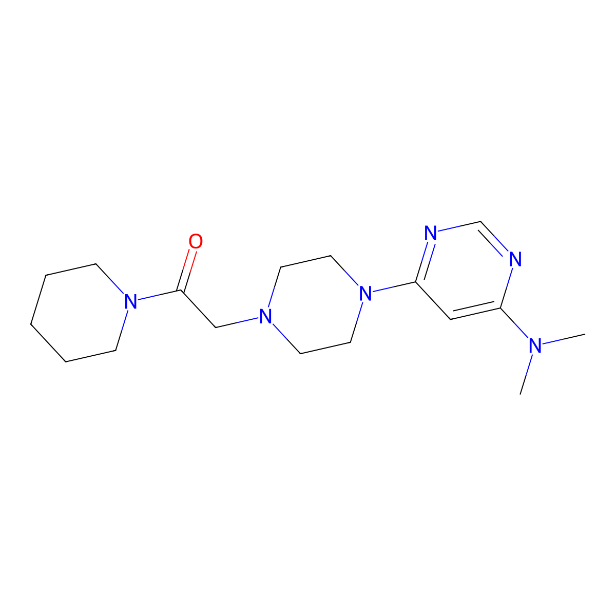 2-{4-[6-(Dimethylamino)pyrimidin-4-yl]piperazin-1-yl}-1-(piperidin-1-yl)ethan-1-one molecular structure, CAS 2640962-39-4