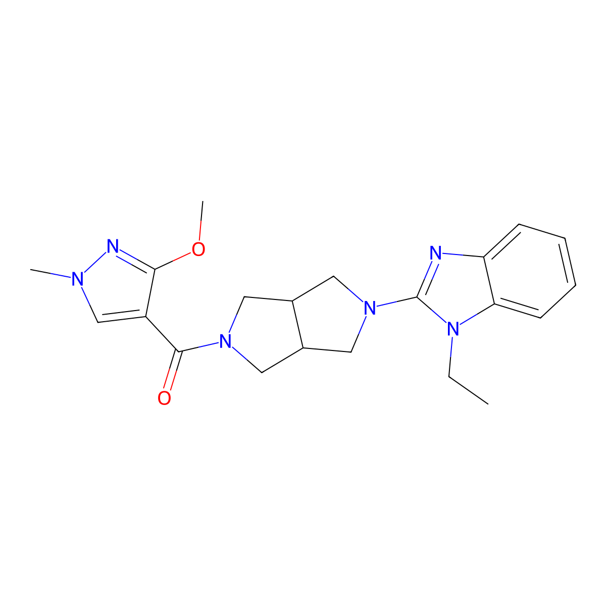 1-ethyl-2-[5-(3-methoxy-1-methyl-1H-pyrazole-4-carbonyl)-octahydropyrrolo[3,4-c]pyrrol-2-yl]-1H-1,3-benzodiazole molecular structure, CAS 2640962-42-9