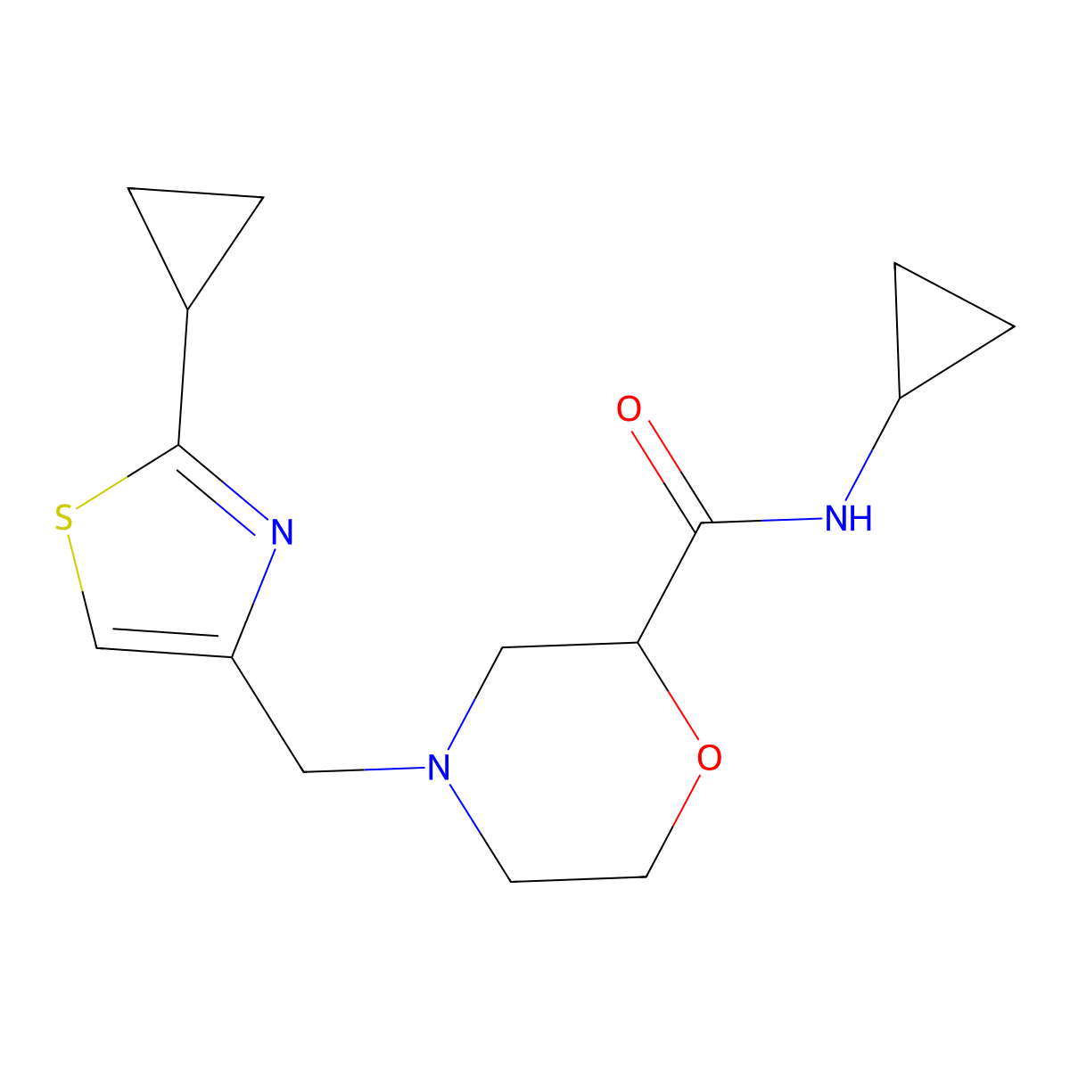 N-cyclopropyl-4-[(2-cyclopropyl-1,3-thiazol-4-yl)methyl]morpholine-2-carboxamide molecular structure, CAS 2640962-43-0