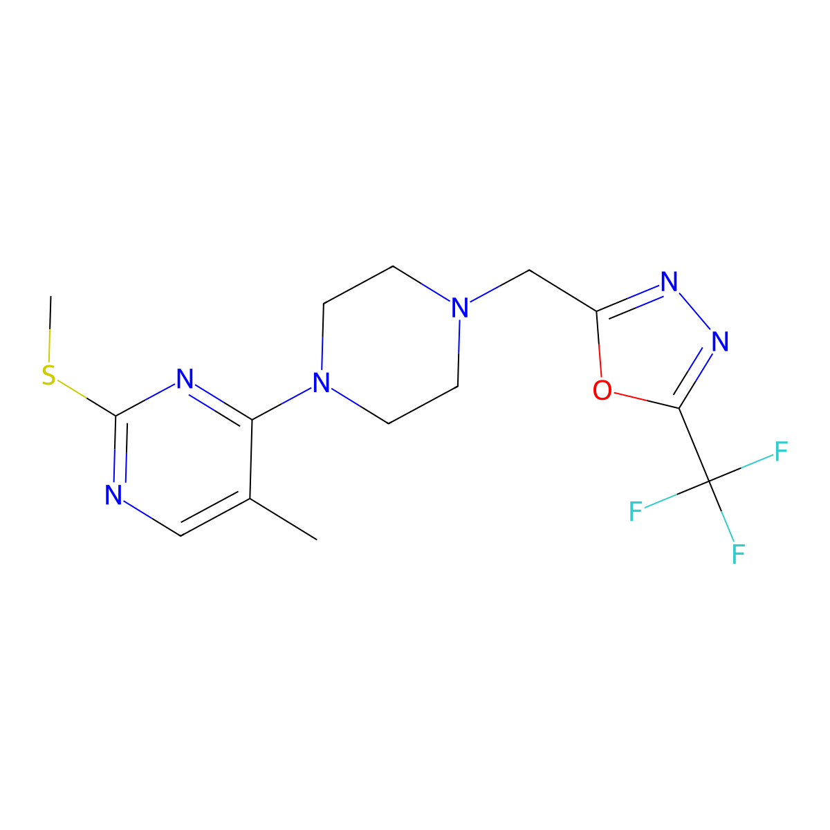 5-Methyl-2-(methylsulfanyl)-4-(4-{[5-(trifluoromethyl)-1,3,4-oxadiazol-2-yl]methyl}piperazin-1-yl)pyrimidine molecular structure, CAS 2640962-44-1