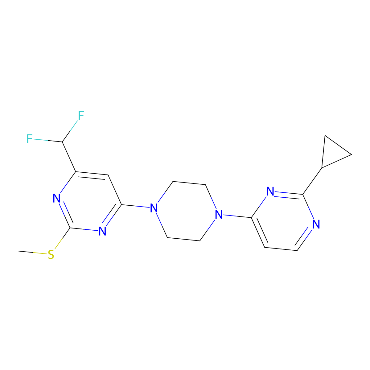 4-[4-(2-Cyclopropylpyrimidin-4-yl)piperazin-1-yl]-6-(difluoromethyl)-2-(methylsulfanyl)pyrimidine molecular structure, CAS 2640962-47-4