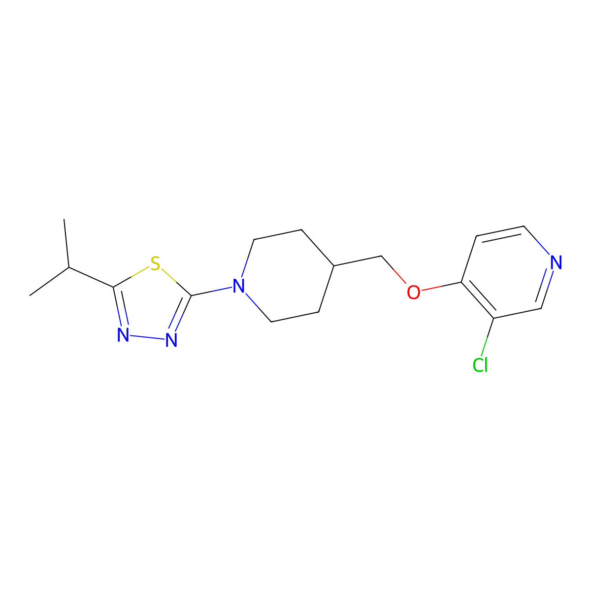 3-Chloro-4-({1-[5-(propan-2-yl)-1,3,4-thiadiazol-2-yl]piperidin-4-yl}methoxy)pyridine molecular structure, CAS 2640962-49-6