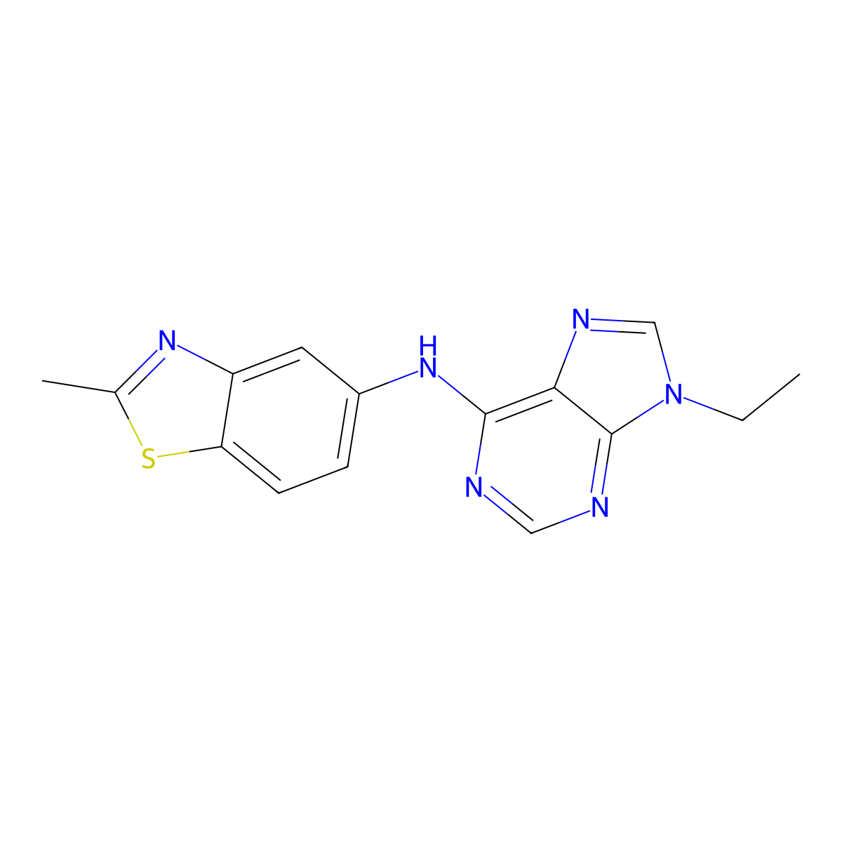 9-ethyl-N-(2-methyl-1,3-benzothiazol-5-yl)-9H-purin-6-amine molecular structure, CAS 2640962-50-9