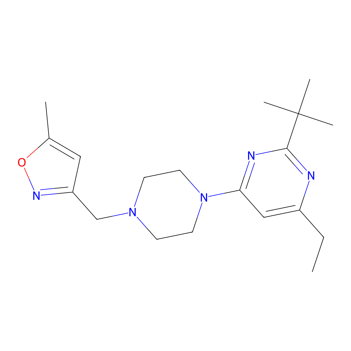 2-Tert-butyl-4-ethyl-6-{4-[(5-methyl-1,2-oxazol-3-yl)methyl]piperazin-1-yl}pyrimidine molecular structure, CAS 2640962-51-0