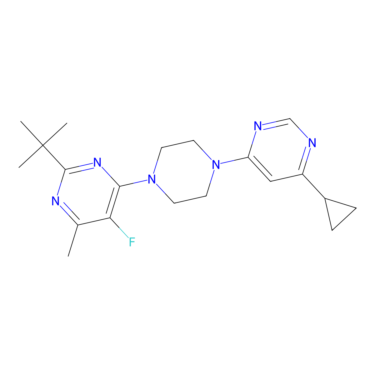 2-Tert-butyl-4-[4-(6-cyclopropylpyrimidin-4-yl)piperazin-1-yl]-5-fluoro-6-methylpyrimidine molecular structure, CAS 2640962-54-3