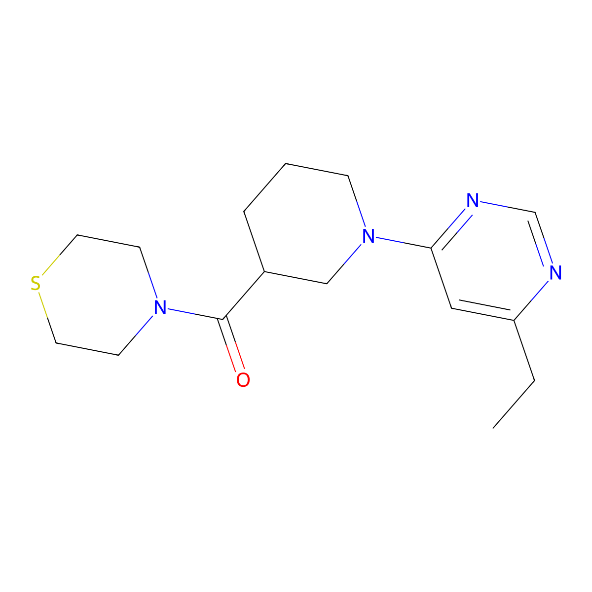 4-[1-(6-Ethylpyrimidin-4-yl)piperidine-3-carbonyl]thiomorpholine molecular structure, CAS 2640962-57-6