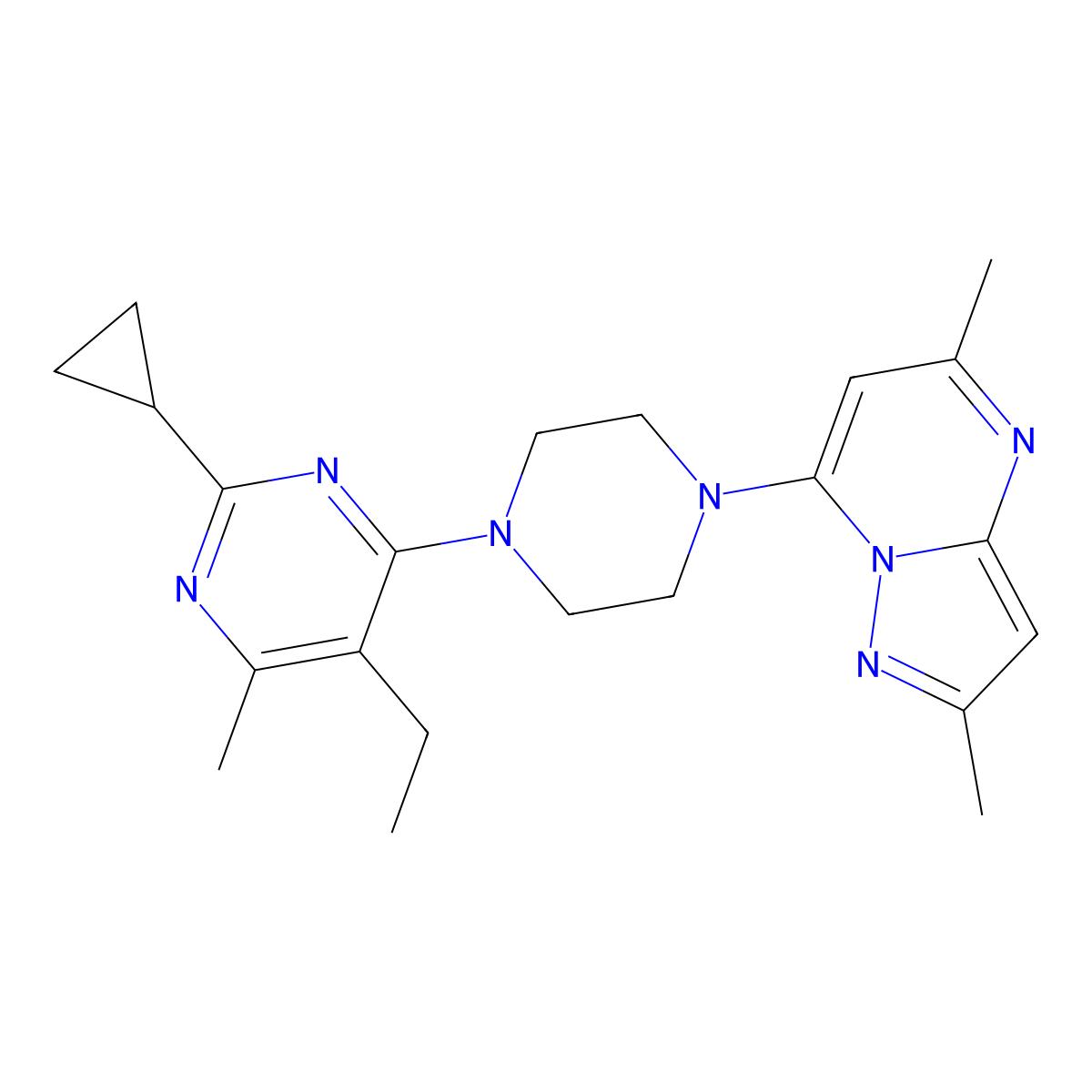 2-Cyclopropyl-4-(4-{2,5-dimethylpyrazolo[1,5-a]pyrimidin-7-yl}piperazin-1-yl)-5-ethyl-6-methylpyrimidine molecular structure, CAS 2640962-61-2