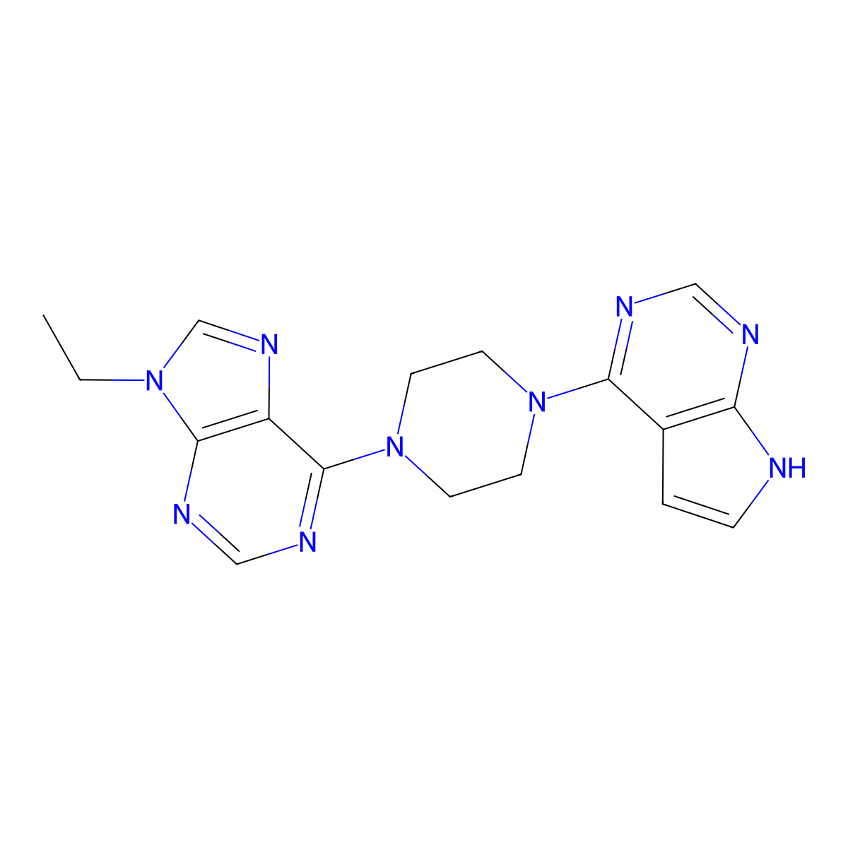 9-ethyl-6-(4-{7H-pyrrolo[2,3-d]pyrimidin-4-yl}piperazin-1-yl)-9H-purine molecular structure, CAS 2640962-64-5