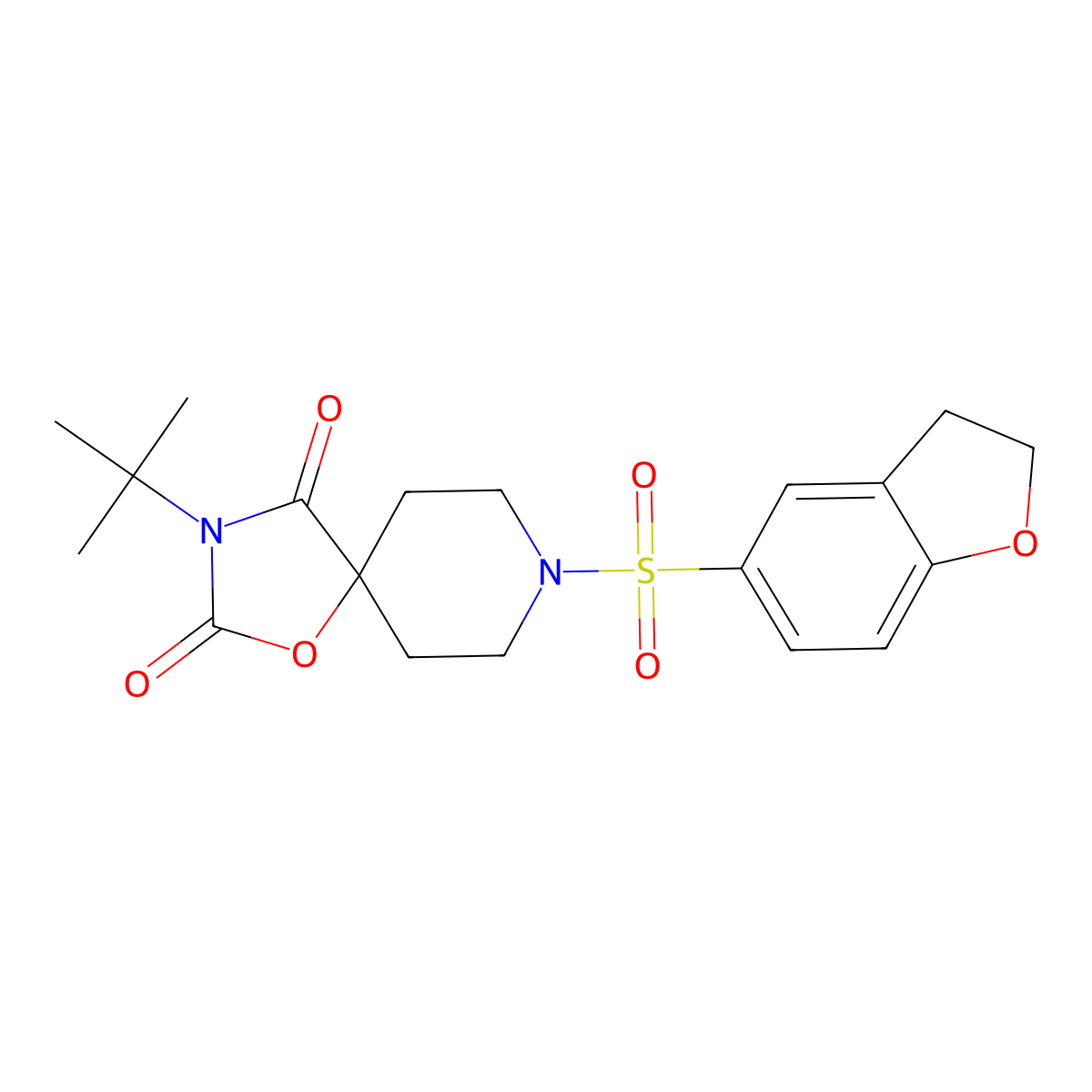 3-Tert-butyl-8-(2,3-dihydro-1-benzofuran-5-sulfonyl)-1-oxa-3,8-diazaspiro[4.5]decane-2,4-dione molecular structure, CAS 2640962-65-6