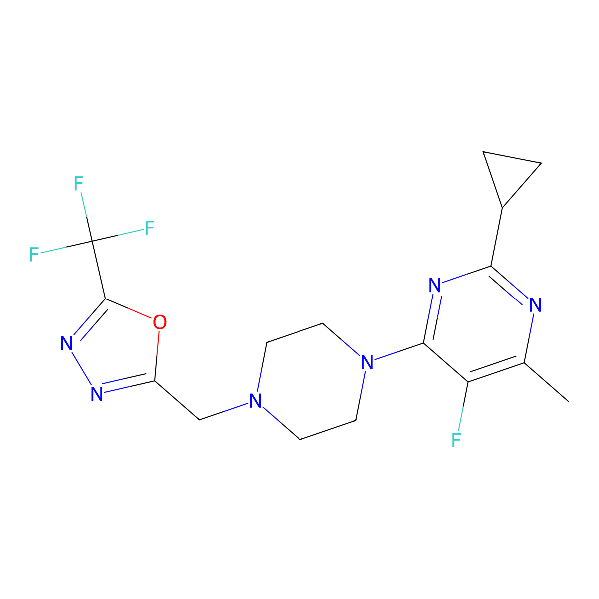 2-Cyclopropyl-5-fluoro-4-methyl-6-(4-{[5-(trifluoromethyl)-1,3,4-oxadiazol-2-yl]methyl}piperazin-1-yl)pyrimidine molecular structure, CAS 2640962-68-9