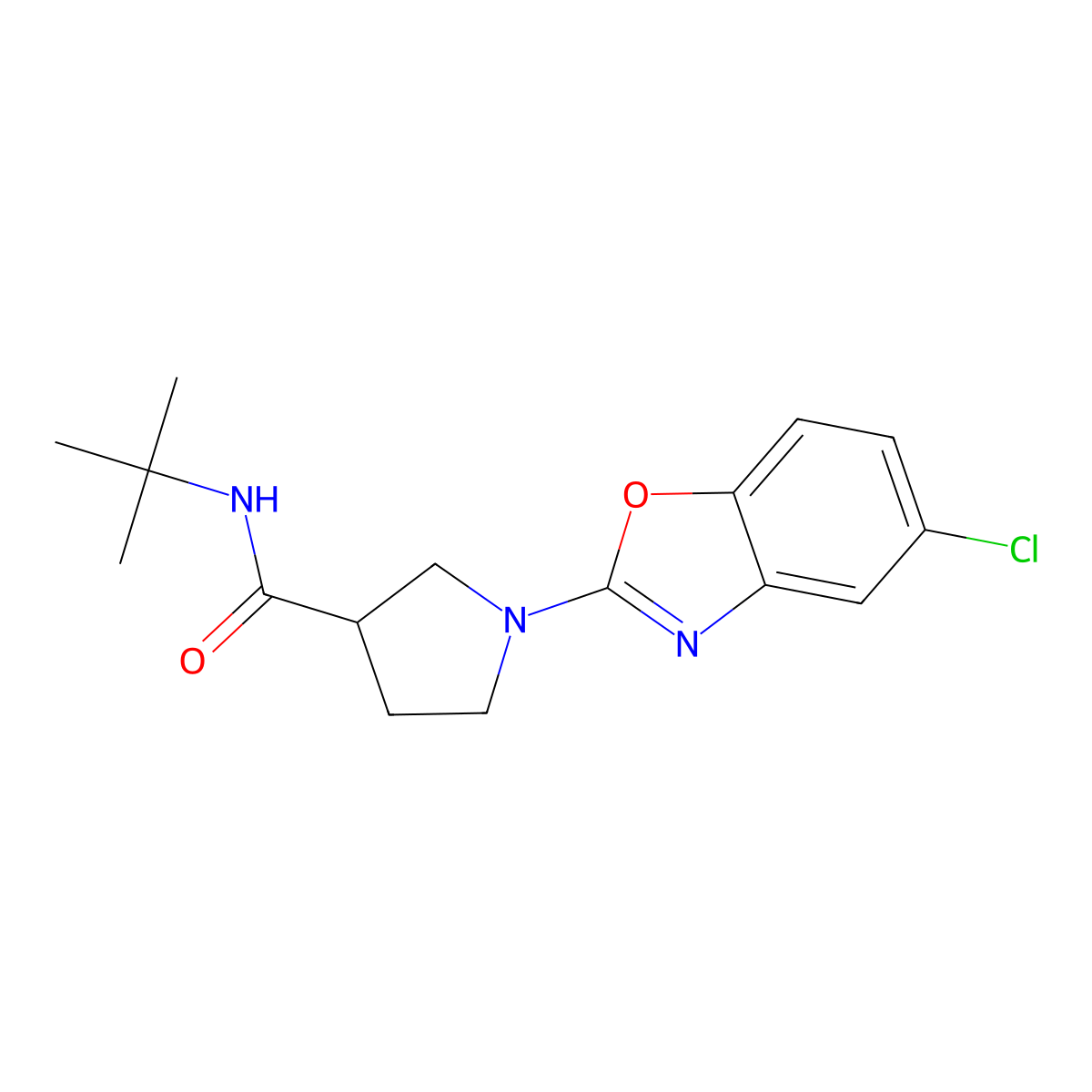 N-tert-butyl-1-(5-chloro-1,3-benzoxazol-2-yl)pyrrolidine-3-carboxamide molecular structure, CAS 2640962-71-4