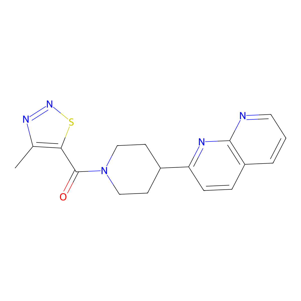 2-[1-(4-Methyl-1,2,3-thiadiazole-5-carbonyl)piperidin-4-yl]-1,8-naphthyridine molecular structure, CAS 2640962-72-5
