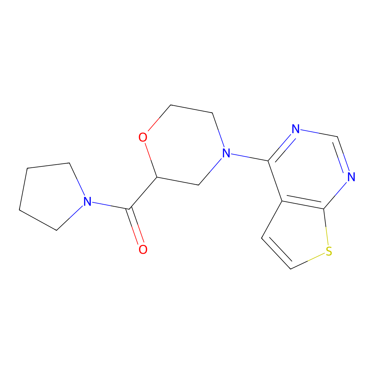 2-(Pyrrolidine-1-carbonyl)-4-{thieno[2,3-d]pyrimidin-4-yl}morpholine molecular structure, CAS 2640962-75-8