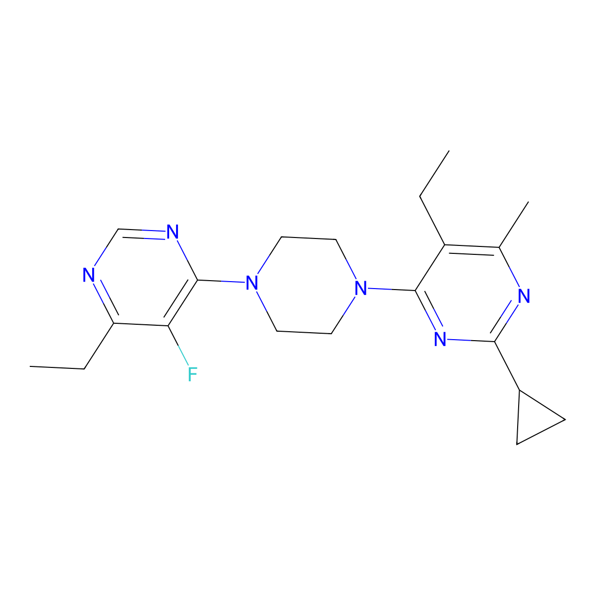 2-Cyclopropyl-5-ethyl-4-[4-(6-ethyl-5-fluoropyrimidin-4-yl)piperazin-1-yl]-6-methylpyrimidine molecular structure, CAS 2640962-77-0