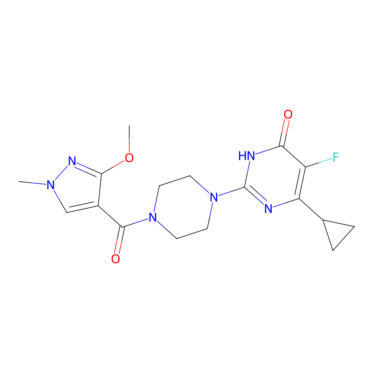 6-cyclopropyl-5-fluoro-2-[4-(3-methoxy-1-methyl-1H-pyrazole-4-carbonyl)piperazin-1-yl]-3,4-dihydropyrimidin-4-one molecular structure, CAS 2640962-86-1