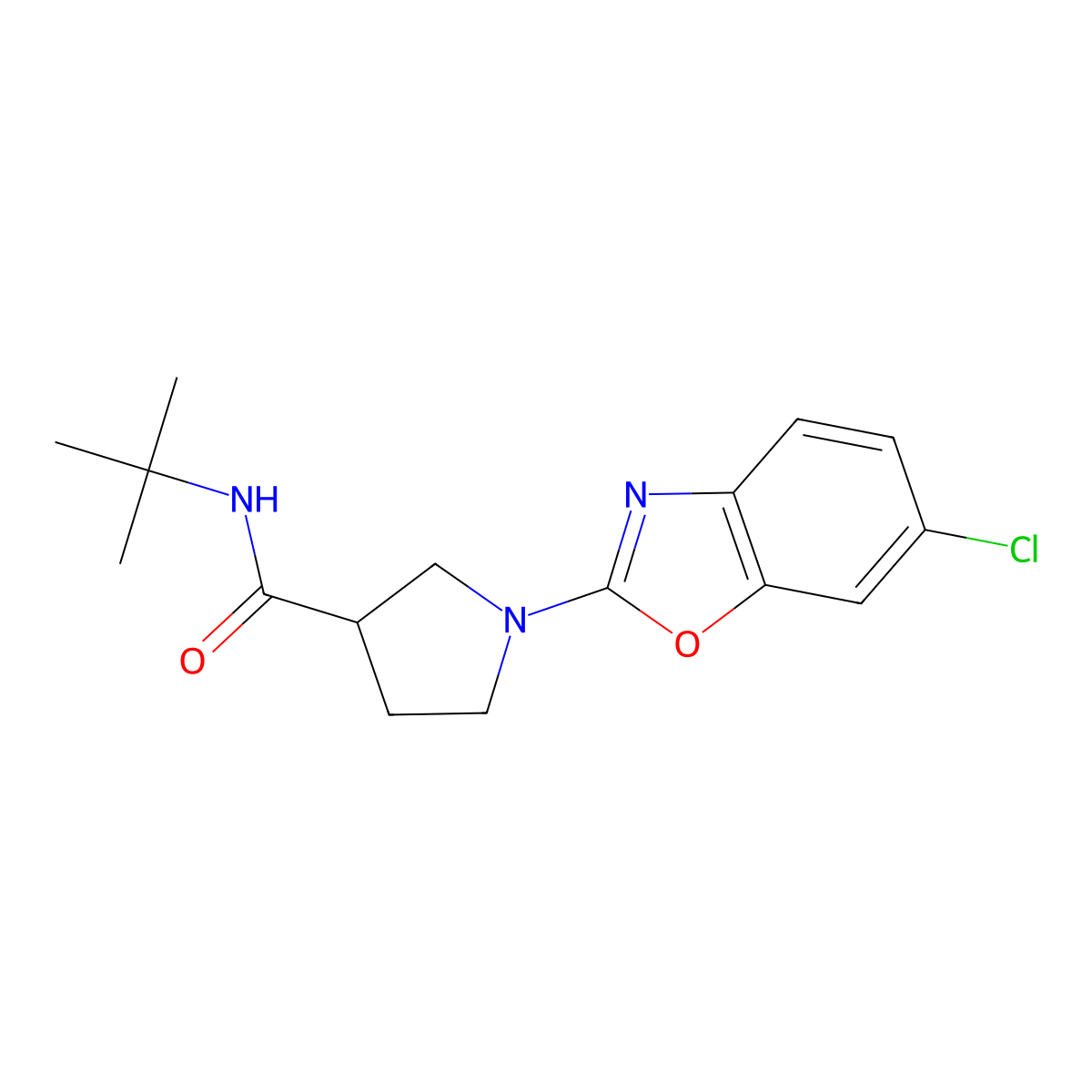 N-tert-butyl-1-(6-chloro-1,3-benzoxazol-2-yl)pyrrolidine-3-carboxamide molecular structure, CAS 2640962-87-2