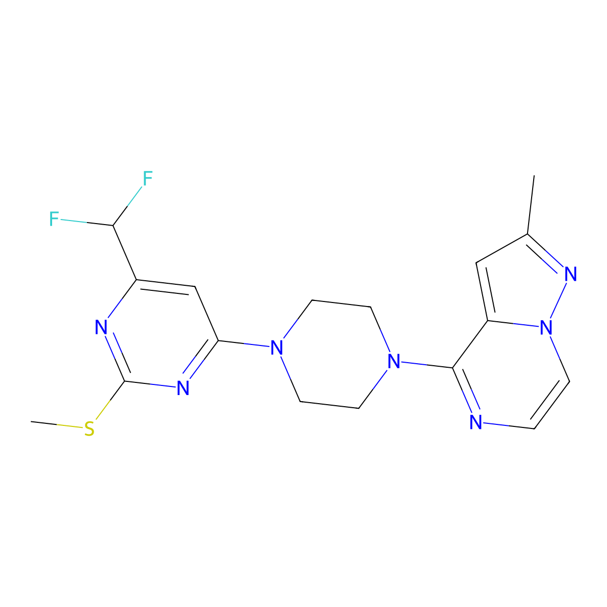 4-(Difluoromethyl)-6-(4-{2-methylpyrazolo[1,5-a]pyrazin-4-yl}piperazin-1-yl)-2-(methylsulfanyl)pyrimidine molecular structure, CAS 2640962-90-7