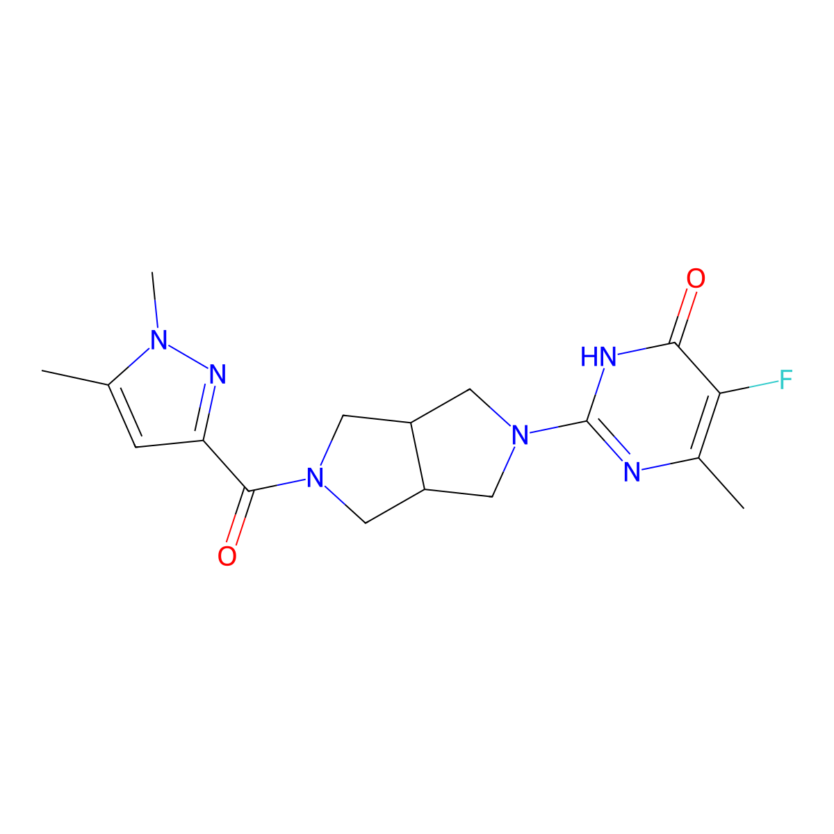 2-[5-(1,5-dimethyl-1H-pyrazole-3-carbonyl)-octahydropyrrolo[3,4-c]pyrrol-2-yl]-5-fluoro-6-methyl-3,4-dihydropyrimidin-4-one molecular structure, CAS 2640962-96-3