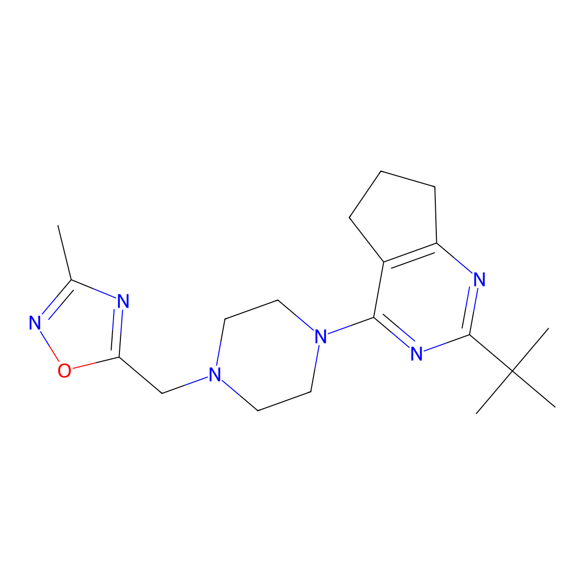 1-{2-tert-butyl-5H,6H,7H-cyclopenta[d]pyrimidin-4-yl}-4-[(3-methyl-1,2,4-oxadiazol-5-yl)methyl]piperazine molecular structure, CAS 2640963-00-2