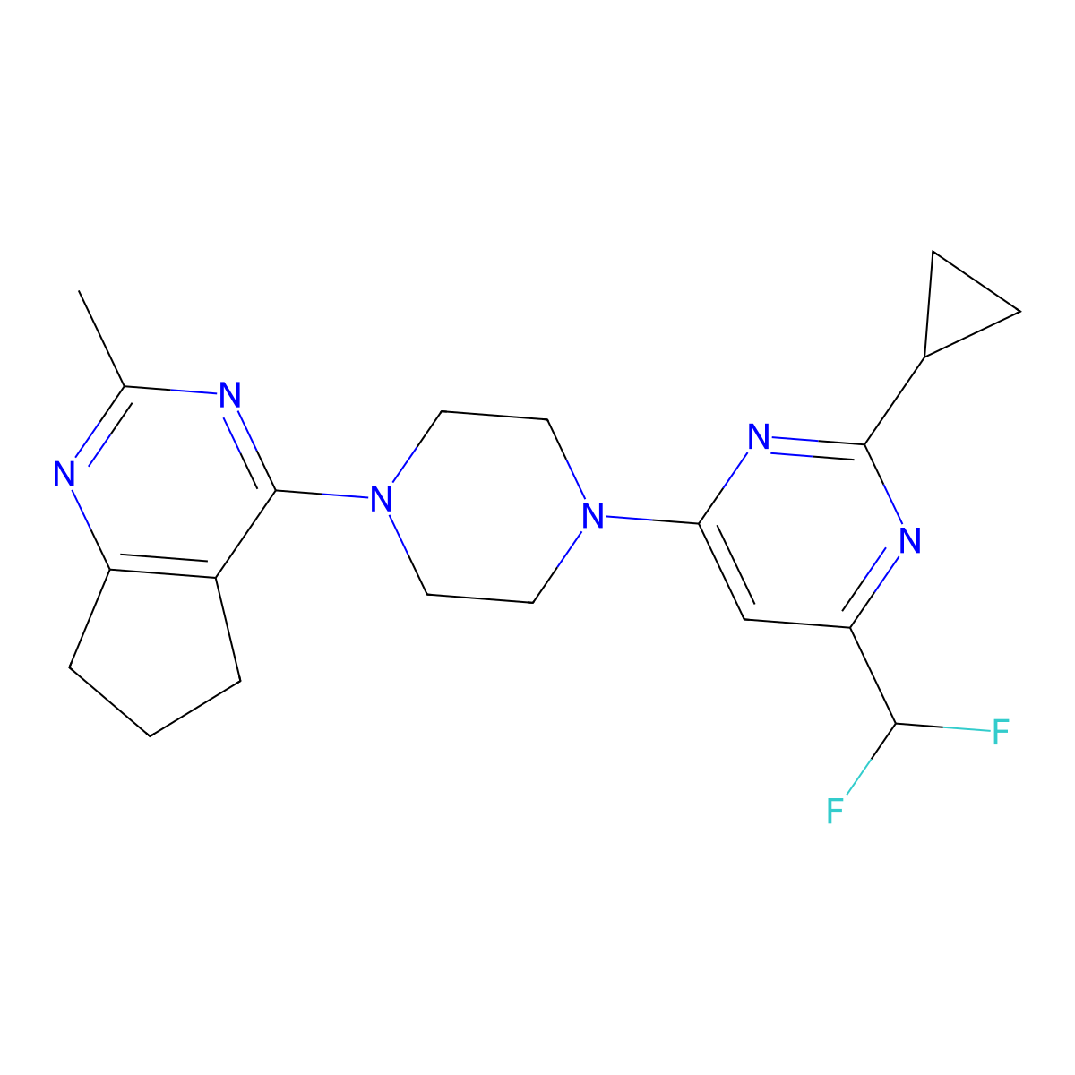 2-cyclopropyl-4-(difluoromethyl)-6-(4-{2-methyl-5H,6H,7H-cyclopenta[d]pyrimidin-4-yl}piperazin-1-yl)pyrimidine molecular structure, CAS 2640963-01-3