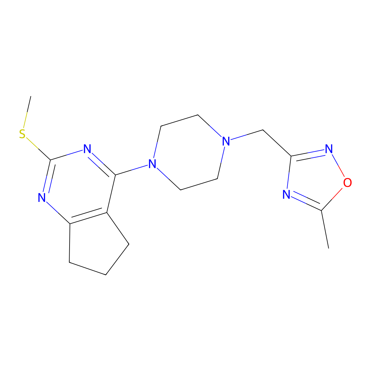 1-[(5-methyl-1,2,4-oxadiazol-3-yl)methyl]-4-[2-(methylsulfanyl)-5H,6H,7H-cyclopenta[d]pyrimidin-4-yl]piperazine molecular structure, CAS 2640963-02-4