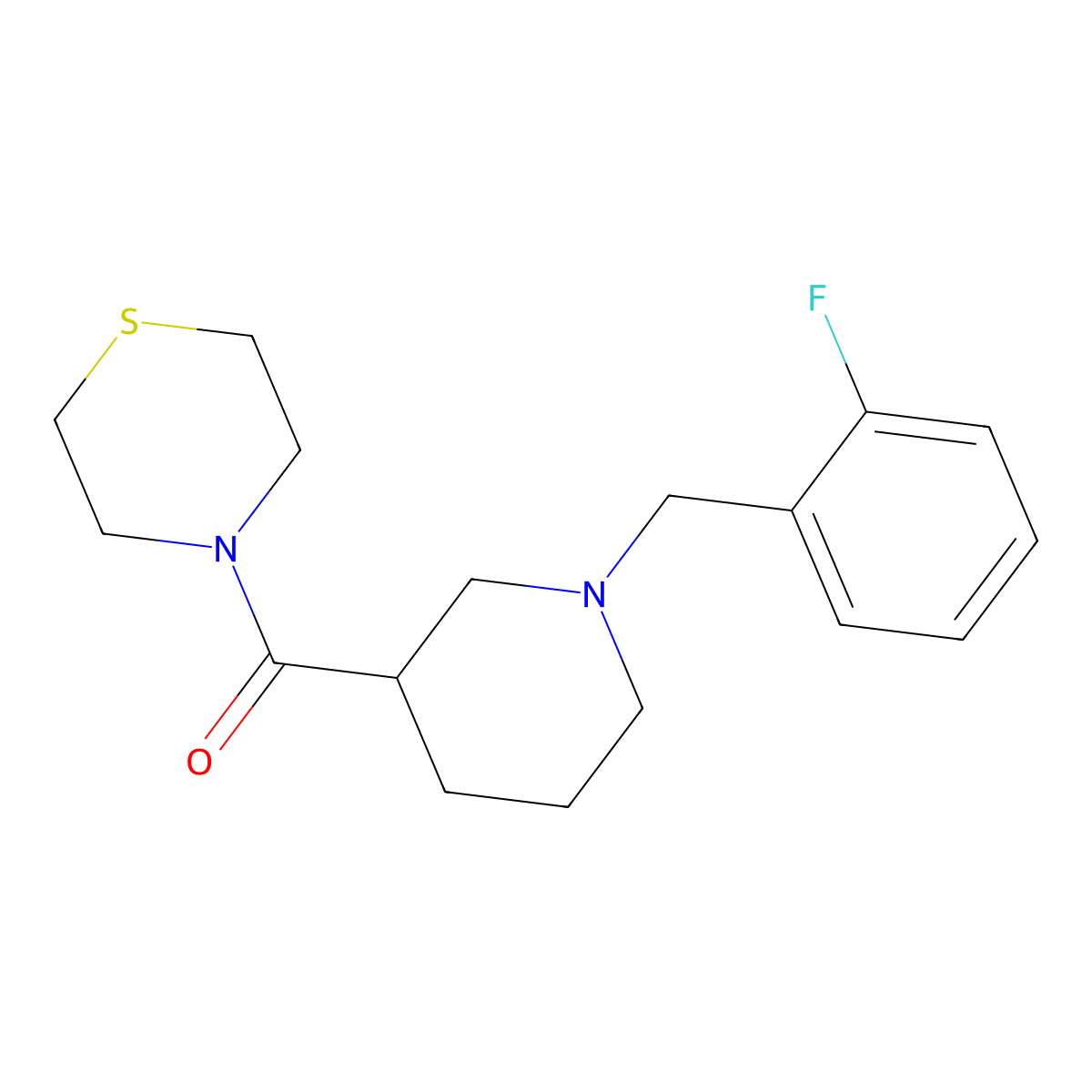 4-{1-[(2-Fluorophenyl)methyl]piperidine-3-carbonyl}thiomorpholine molecular structure, CAS 2640963-03-5