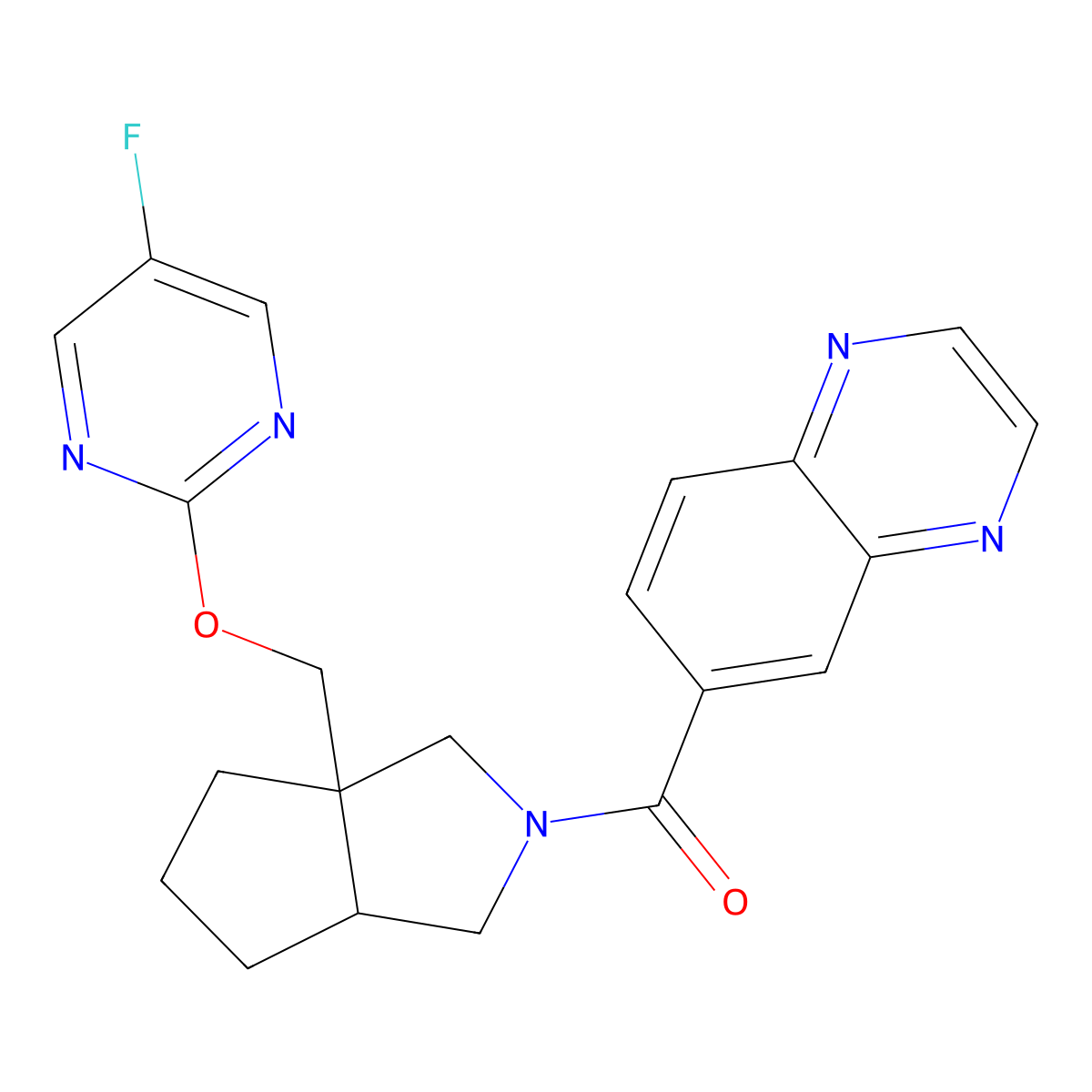6-(3a-{[(5-Fluoropyrimidin-2-yl)oxy]methyl}-octahydrocyclopenta[c]pyrrole-2-carbonyl)quinoxaline molecular structure, CAS 2640963-04-6