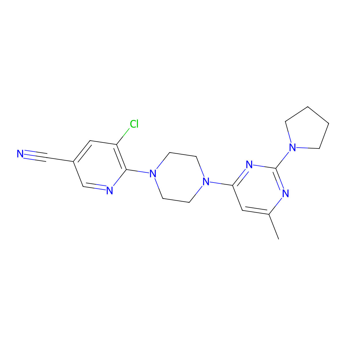 5-Chloro-6-{4-[6-methyl-2-(pyrrolidin-1-yl)pyrimidin-4-yl]piperazin-1-yl}pyridine-3-carbonitrile molecular structure, CAS 2640963-06-8