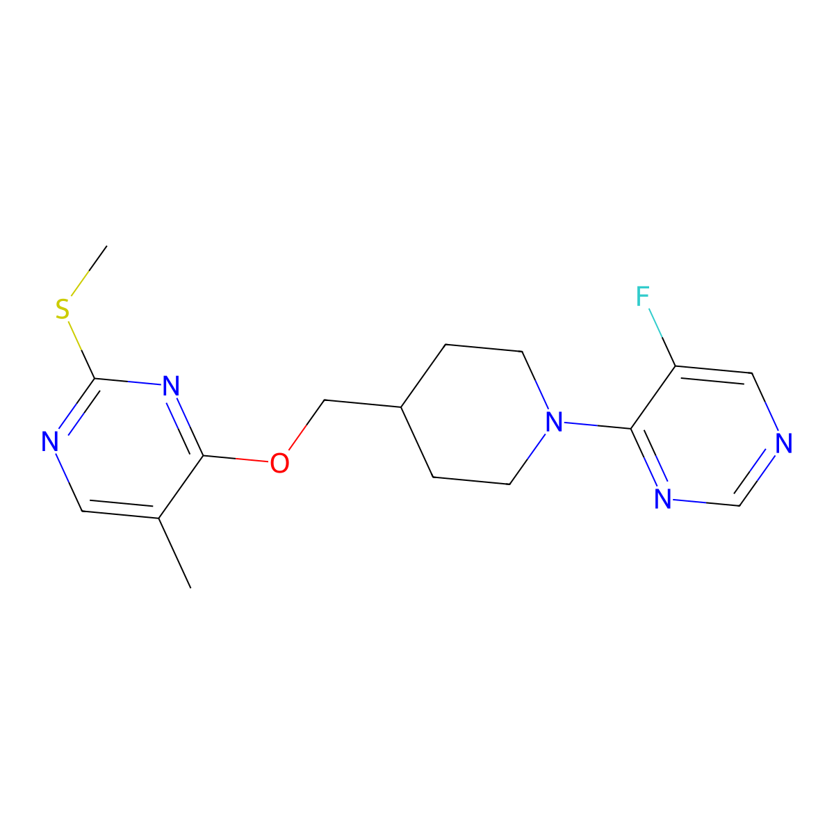 5-Fluoro-4-[4-({[5-methyl-2-(methylsulfanyl)pyrimidin-4-yl]oxy}methyl)piperidin-1-yl]pyrimidine molecular structure, CAS 2640963-11-5