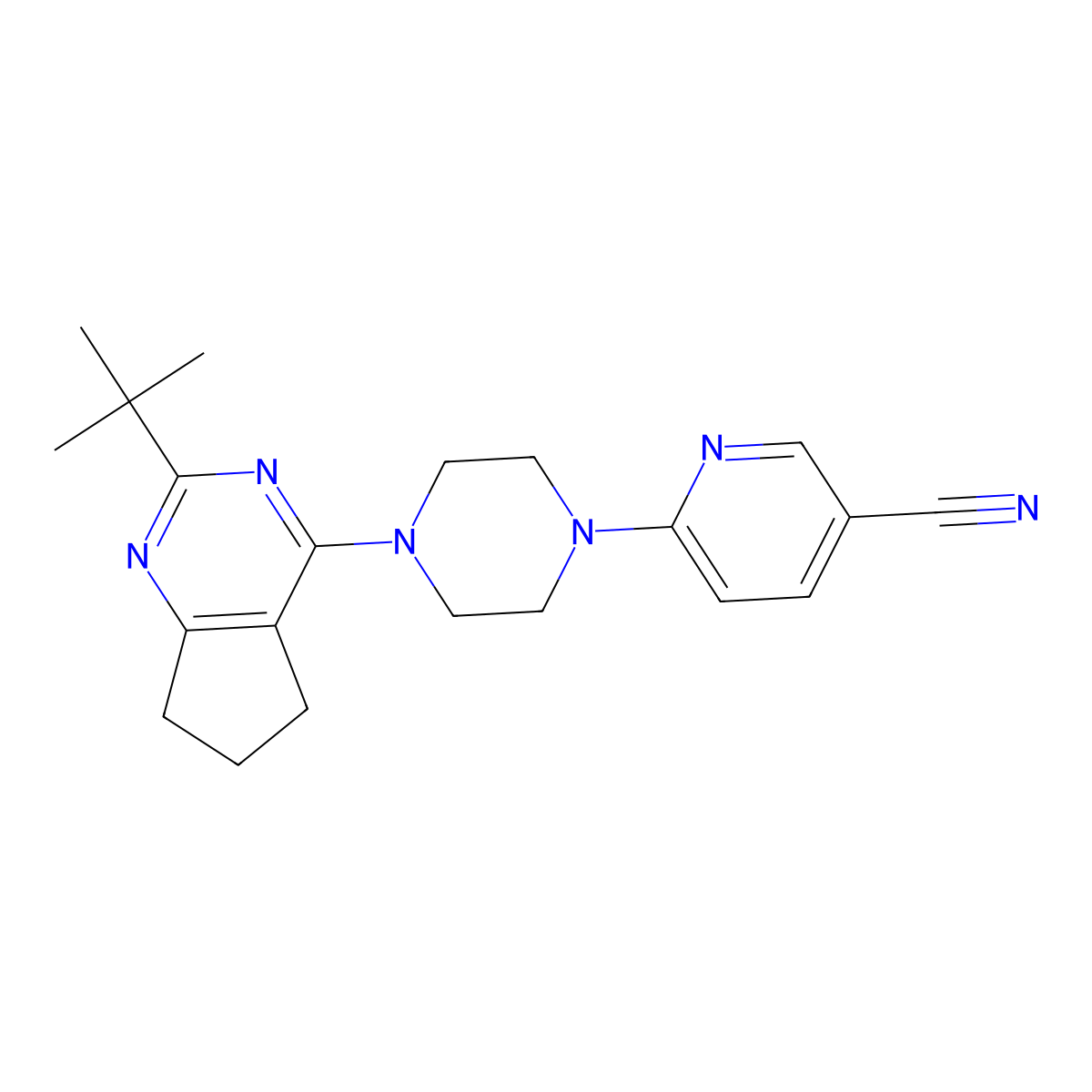 6-(4-{2-tert-butyl-5H,6H,7H-cyclopenta[d]pyrimidin-4-yl}piperazin-1-yl)pyridine-3-carbonitrile molecular structure, CAS 2640963-12-6