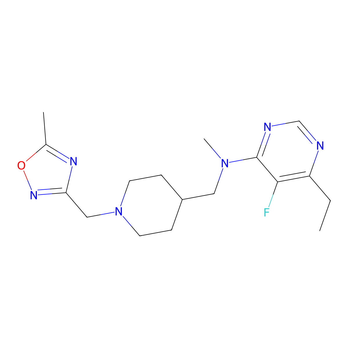 6-ethyl-5-fluoro-N-methyl-N-({1-[(5-methyl-1,2,4-oxadiazol-3-yl)methyl]piperidin-4-yl}methyl)pyrimidin-4-amine molecular structure, CAS 2640963-15-9