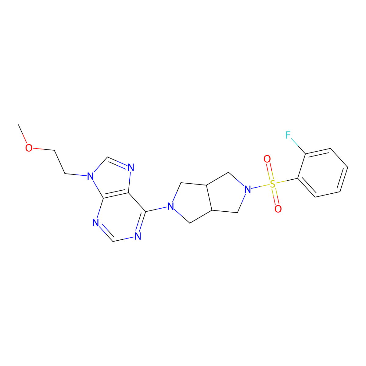 6-[5-(2-fluorobenzenesulfonyl)-octahydropyrrolo[3,4-c]pyrrol-2-yl]-9-(2-methoxyethyl)-9H-purine molecular structure, CAS 2640963-16-0