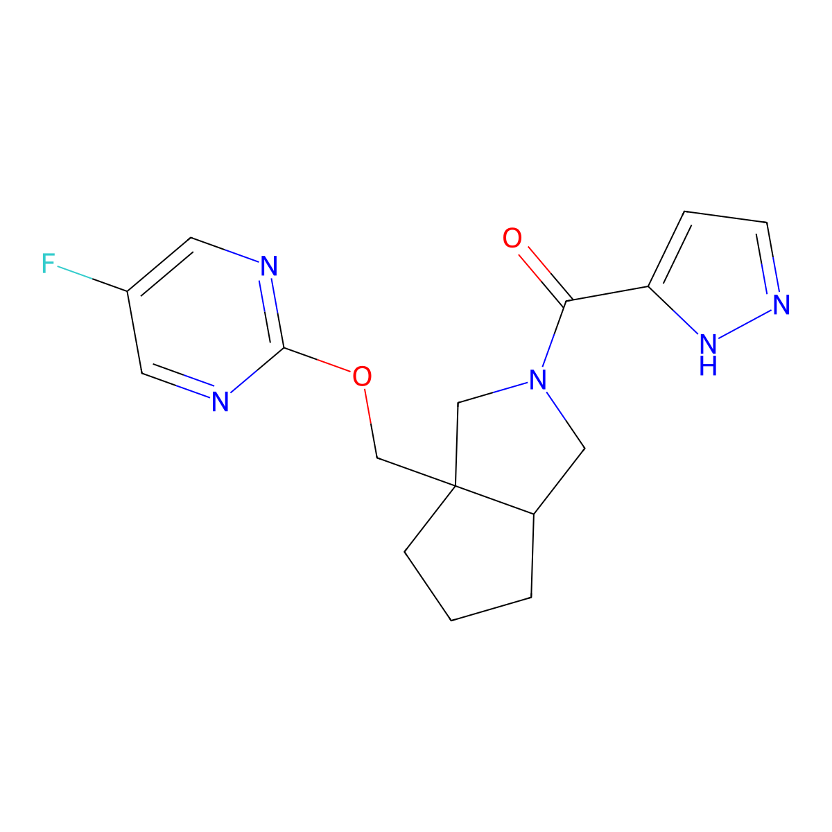 5-fluoro-2-{[2-(1H-pyrazole-3-carbonyl)-octahydrocyclopenta[c]pyrrol-3a-yl]methoxy}pyrimidine molecular structure, CAS 2640963-18-2