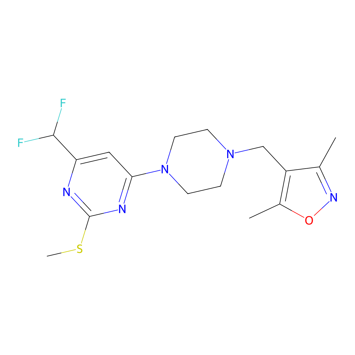 4-(Difluoromethyl)-6-{4-[(3,5-dimethyl-1,2-oxazol-4-yl)methyl]piperazin-1-yl}-2-(methylsulfanyl)pyrimidine molecular structure, CAS 2640963-19-3