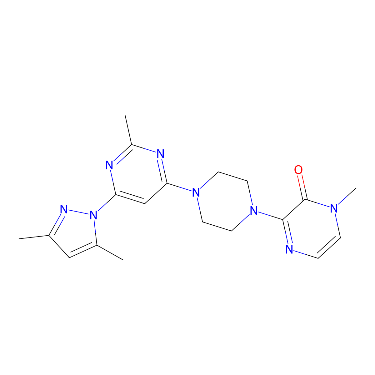 3-{4-[6-(3,5-dimethyl-1H-pyrazol-1-yl)-2-methylpyrimidin-4-yl]piperazin-1-yl}-1-methyl-1,2-dihydropyrazin-2-one molecular structure, CAS 2640963-23-9